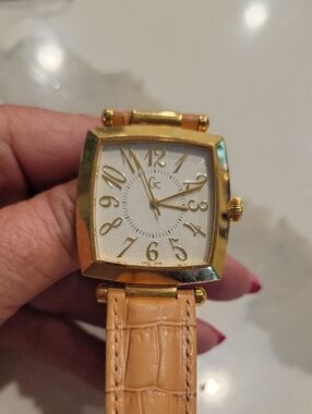 Guess Gold-Tone Square Watch with Beige Leather Strap